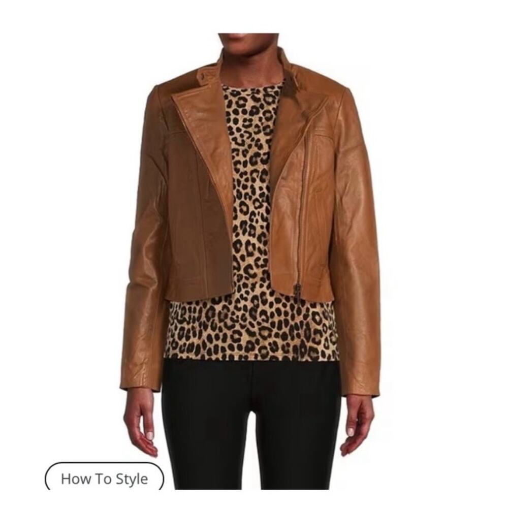 Michael Kors Carmel Brown Moto  100 % leather jacket medium small - Picture 6 of 15